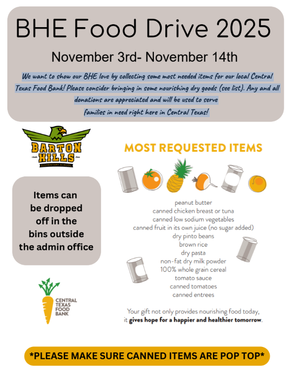 Please drop off non-perishable items in the boxes outside of the admin offices.